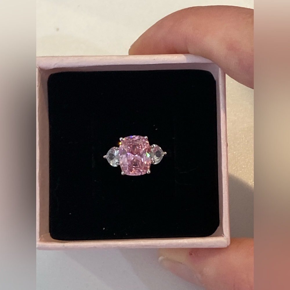 Pink Cushion-Cut Three-Stone Ring - Pink Center with Clear Side Stones